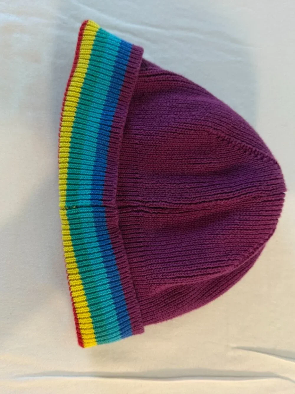 Primary Kids Fleece Lined Knit Beanie Hat Purple Rainbow Stripe Size 2-5 Years